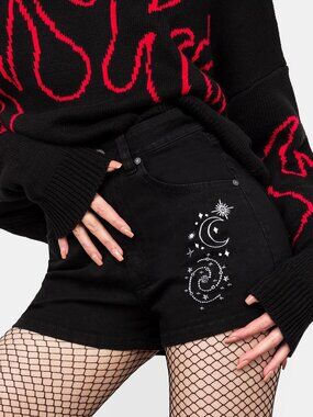 DISTURBIA Andromeda embroidered black denim slim fit shorts